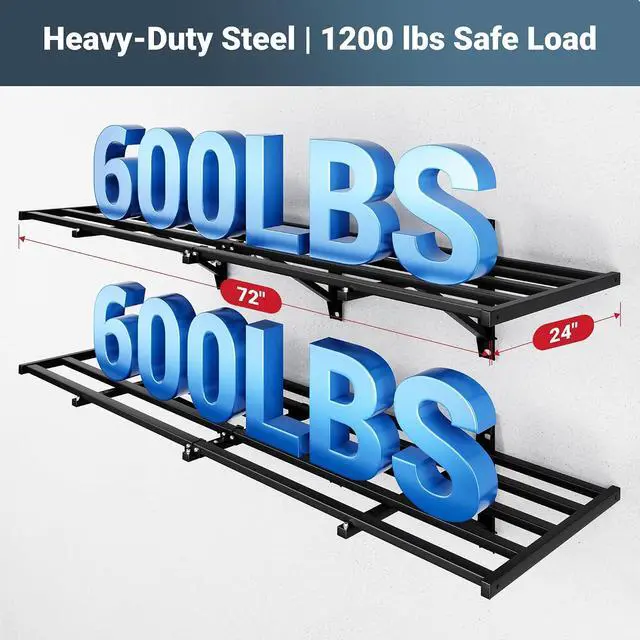 Alt view image 3 of 7 - 4-Pack 2x6ft Garage Wall Shelving with 8 Hooks, 1200lbs, Black