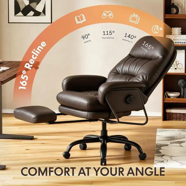 Alt view image 4 of 7 - Multi-Task Ergonomic Office Chair with Footrest Computer Desk Chairs Indoor Lounge Chair with 90-165° 4-Level Reclining, Chairs for Working Relaxing Sleeping, PU Leather, Brown, Basic Back