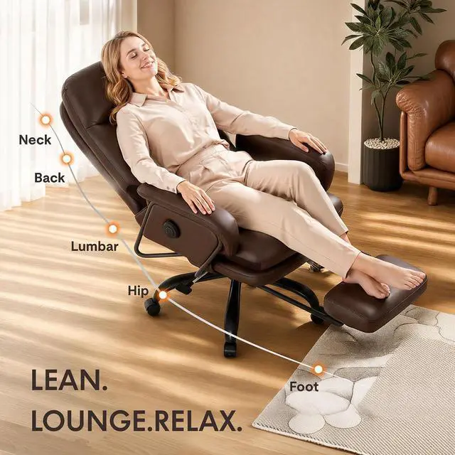 Alt view image 3 of 7 - Multi-Task Ergonomic Office Chair with Footrest Computer Desk Chairs Indoor Lounge Chair with 90-165° 4-Level Reclining, Chairs for Working Relaxing Sleeping, PU Leather, Brown, Basic Back