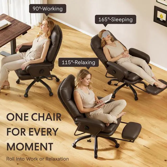 Alt view image 5 of 7 - Multi-Task Ergonomic Office Chair with Footrest Computer Desk Chairs Indoor Lounge Chair with 90-165° 4-Level Reclining, Chairs for Working Relaxing Sleeping, PU Leather, Brown, Basic Back