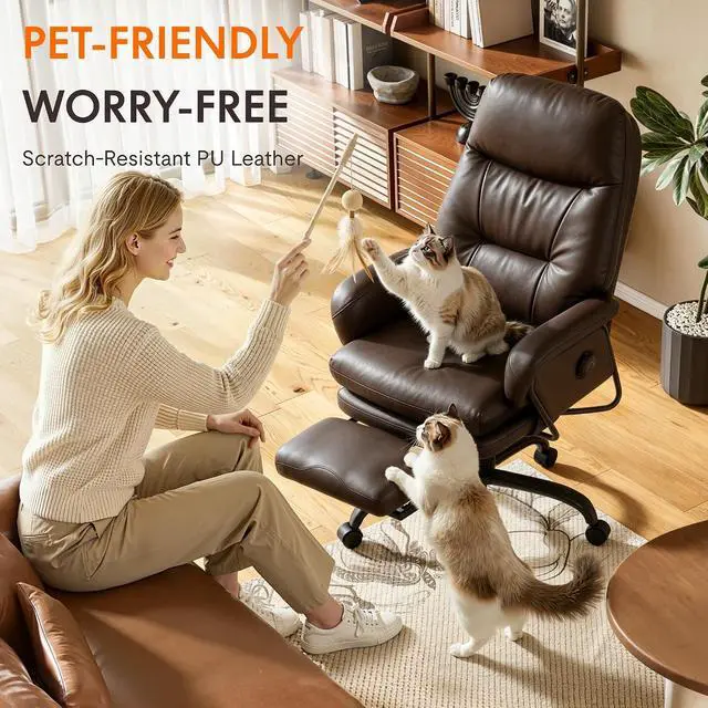 Alt view image 6 of 7 - Multi-Task Ergonomic Office Chair with Footrest Computer Desk Chairs Indoor Lounge Chair with 90-165° 4-Level Reclining, Chairs for Working Relaxing Sleeping, PU Leather, Brown, Basic Back