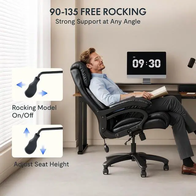Alt view image 7 of 7 - 500LBS Big and Tall Office Chair with Stable Arms Ergonomic Office Chair for Heavy People High Back Reclining Chairs with Padded Adjustable Lumbar Support Heavy Duty Base, Leather, Black