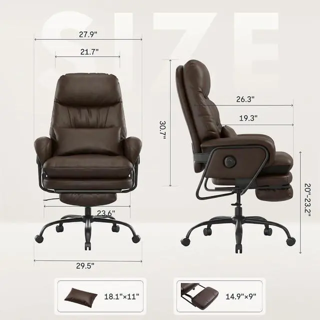 Alt view image 2 of 7 - 2-in-1 Chaise Lounge Chair Indoor with Wheels Footrest 90-165° Reclining Lumbar Support, Chairs for Living Room Bedroom Study Relaxing Working Sleeping, Brown PU Leather, HC4 Basic Back