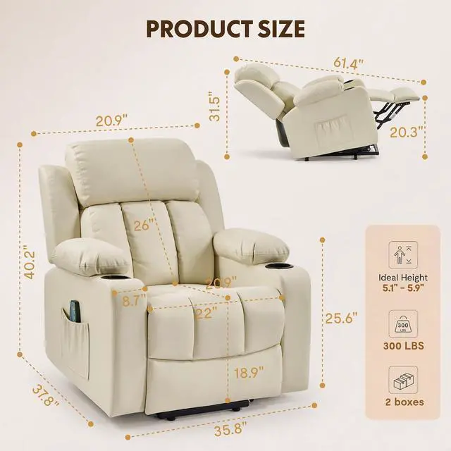 Alt view image 2 of 7 - XL31 Power Lift Recliner Chair for Elderly, Electric Lift Chair with Massage & Heat, PU Leather Reclining Sofa w/Cup Holders, Side Pockets for Living Room Bedroom(Medium Size,Beige)