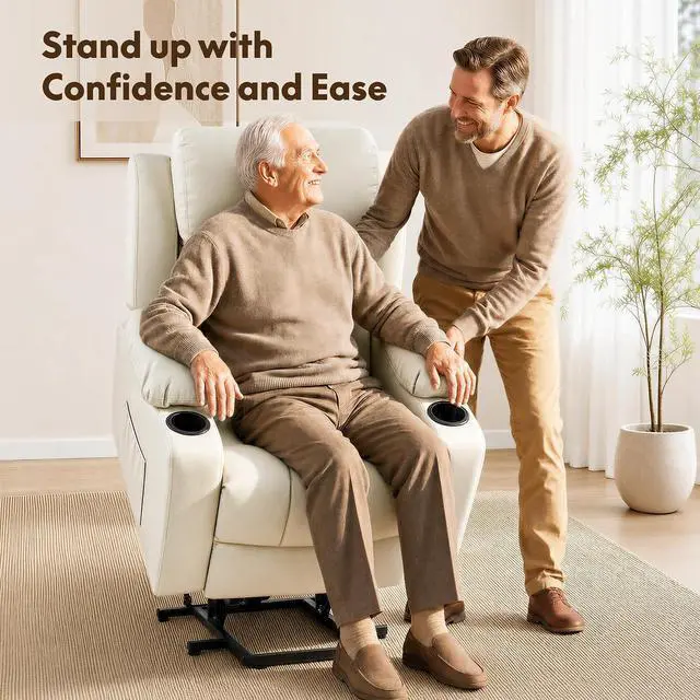 Alt view image 3 of 7 - XL31 Power Lift Recliner Chair for Elderly, Electric Lift Chair with Massage & Heat, PU Leather Reclining Sofa w/Cup Holders, Side Pockets for Living Room Bedroom(Medium Size,Beige)