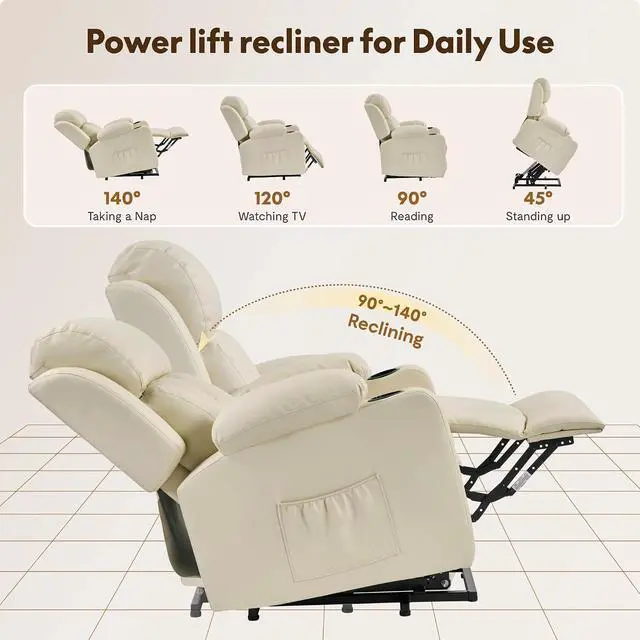 Alt view image 4 of 7 - XL31 Power Lift Recliner Chair for Elderly, Electric Lift Chair with Massage & Heat, PU Leather Reclining Sofa w/Cup Holders, Side Pockets for Living Room Bedroom(Medium Size,Beige)