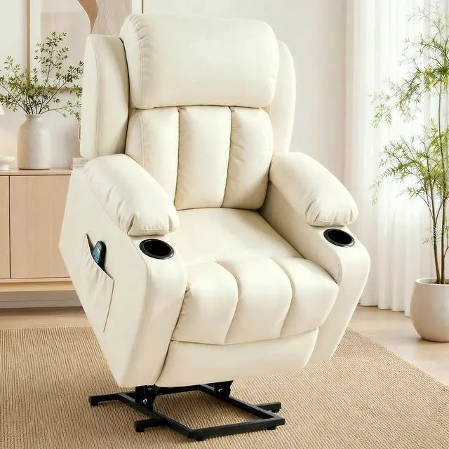 Main image of XL31 Power Lift Recliner Chair for Elderly, Electric Lift Chair with Massage & Heat, PU Leather Reclining Sofa w/Cup Holders, Side Pockets for Living Room Bedroom(Medium Size,Beige)