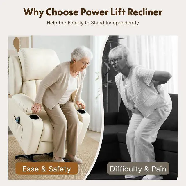 Alt view image 6 of 7 - XL31 Power Lift Recliner Chair for Elderly, Electric Lift Chair with Massage & Heat, PU Leather Reclining Sofa w/Cup Holders, Side Pockets for Living Room Bedroom(Medium Size,Beige)