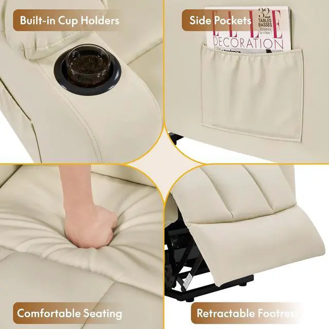 Alt view image 7 of 7 - XL31 Power Lift Recliner Chair for Elderly, Electric Lift Chair with Massage & Heat, PU Leather Reclining Sofa w/Cup Holders, Side Pockets for Living Room Bedroom(Medium Size,Beige)
