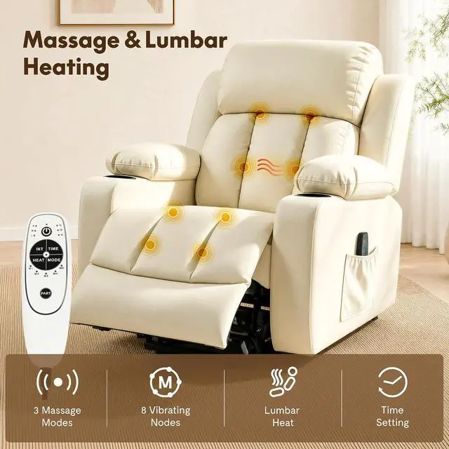 Alt view image 5 of 7 - XL31 Power Lift Recliner Chair for Elderly, Electric Lift Chair with Massage & Heat, PU Leather Reclining Sofa w/Cup Holders, Side Pockets for Living Room Bedroom(Medium Size,Beige)