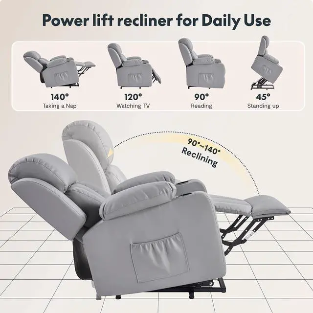 Alt view image 5 of 7 - XL31 Power Lift Recliner Chair for Elderly, Electric Lift Chair with Massage & Heat, PU Leather Reclining Sofa w/Cup Holders, Side Pockets for Living Room Bedroom(Medium Size,Gray)