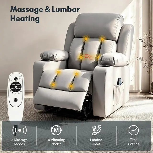 Alt view image 4 of 7 - XL31 Power Lift Recliner Chair for Elderly, Electric Lift Chair with Massage & Heat, PU Leather Reclining Sofa w/Cup Holders, Side Pockets for Living Room Bedroom(Medium Size,Gray)