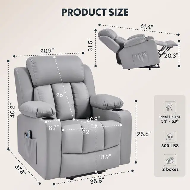 Alt view image 2 of 7 - XL31 Power Lift Recliner Chair for Elderly, Electric Lift Chair with Massage & Heat, PU Leather Reclining Sofa w/Cup Holders, Side Pockets for Living Room Bedroom(Medium Size,Gray)