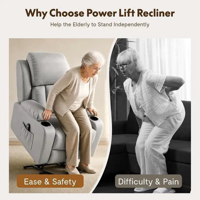 Alt view image 6 of 7 - XL31 Power Lift Recliner Chair for Elderly, Electric Lift Chair with Massage & Heat, PU Leather Reclining Sofa w/Cup Holders, Side Pockets for Living Room Bedroom(Medium Size,Gray)