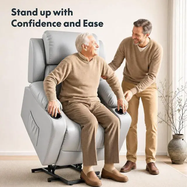 Alt view image 3 of 7 - XL31 Power Lift Recliner Chair for Elderly, Electric Lift Chair with Massage & Heat, PU Leather Reclining Sofa w/Cup Holders, Side Pockets for Living Room Bedroom(Medium Size,Gray)