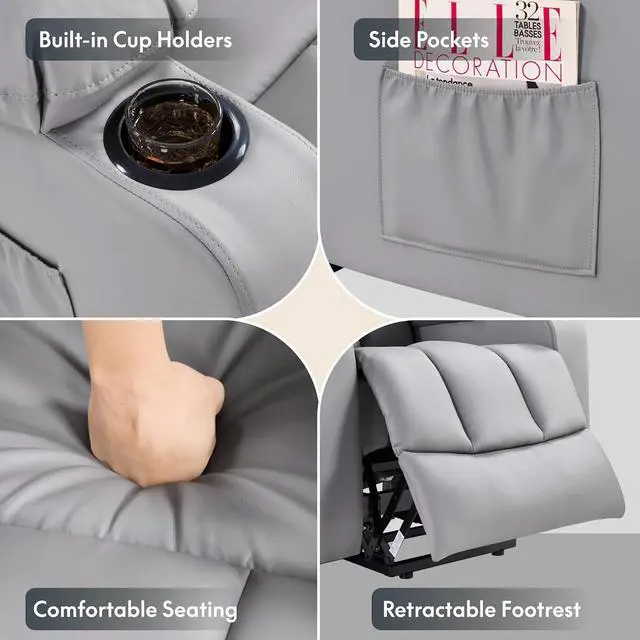 Alt view image 7 of 7 - XL31 Power Lift Recliner Chair for Elderly, Electric Lift Chair with Massage & Heat, PU Leather Reclining Sofa w/Cup Holders, Side Pockets for Living Room Bedroom(Medium Size,Gray)