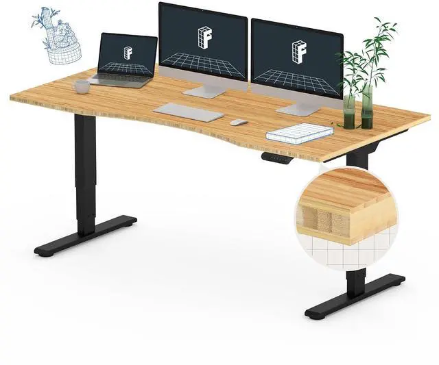 Main image of E6 Bamboo 3-Stage Dual Motor 60 x 30 Electric Standing Desk Sit Stand Up Desk, Holds 220 lbs, Adjustable Height w/Memory Presets, Solid Bamboo Curved Desktop & Black Frame, Ships in 2 Boxes