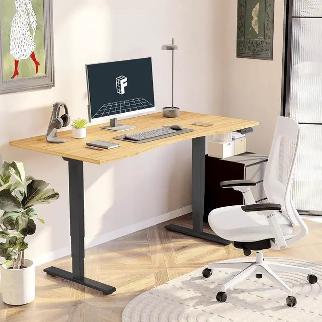 Alt view image 2 of 7 - E6 Bamboo 3-Stage Dual Motor 60 x 30 Electric Standing Desk Sit Stand Up Desk, Holds 220 lbs, Adjustable Height w/Memory Presets, Solid Bamboo Curved Desktop & Black Frame, Ships in 2 Boxes