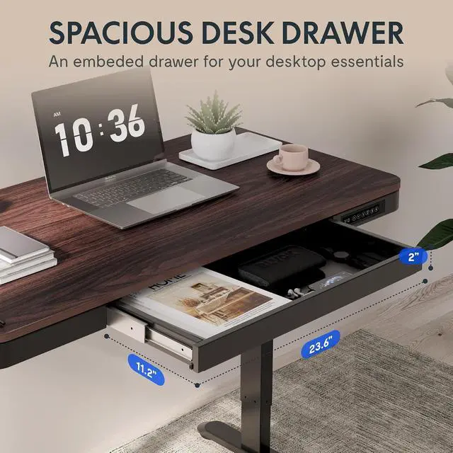Alt view image 7 of 7 - Comhar 55" Electric Standing Desk with Storage, Built-in Drawer & USB Charging Ports, Height Adjustable Sit Stand Computer Desk, Quick Assembly, Child Lock, Walnut