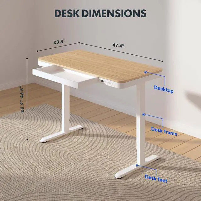 Alt view image 3 of 7 - Comhar 48" Electric Standing Desk with Drawers, USB Charging Ports, Quick Assembly, Height Adjustable Sit Stand Desk with Child Lock for Natural Home Office, Bamboo Finish Top/White Legs