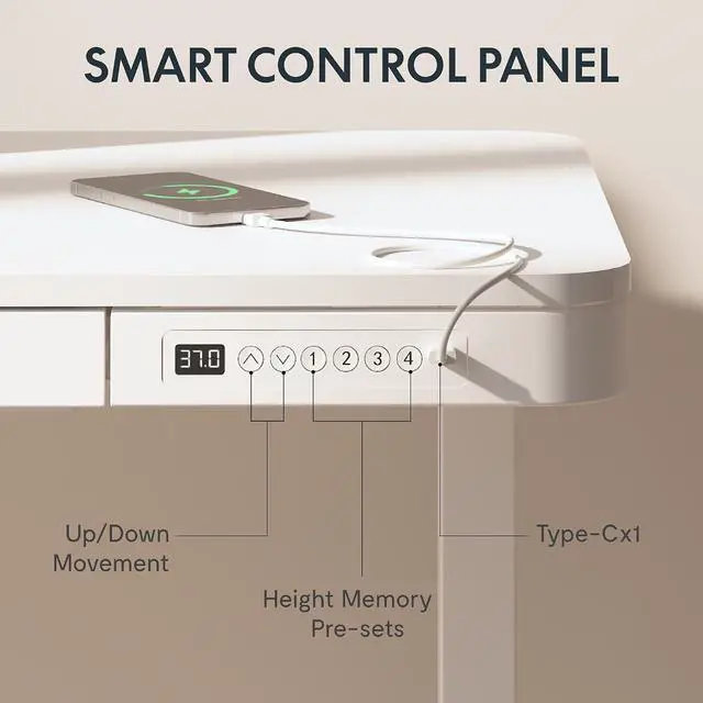 Alt view image 4 of 7 - Comhar 55" Electric Standing Desk with Drawers, USB Charging Ports, Quick Assembly, Height Adjustable Sit Stand Computer Desk with Child Lock for Modern Minimalist Home Office, White