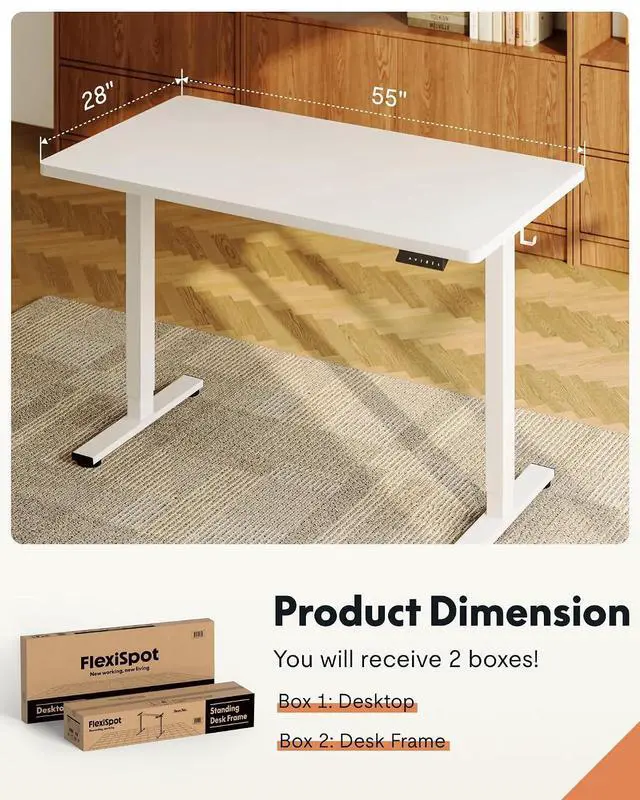 Alt view image 5 of 7 - EN1 One-Piece Standing Desk, Electric Adjustable with 4 Memory Presets, 176 LBS Capacity, Stable & Quiet, Seamless Desktop for Home Office & Dual Monitors, 55"x28" White(White Frame)