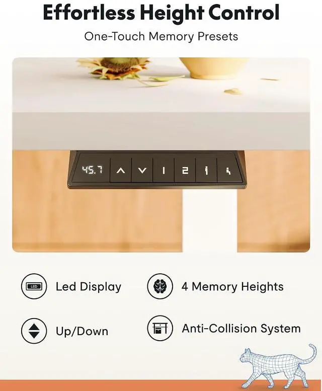 Alt view image 6 of 7 - EN1 One-Piece Standing Desk, Electric Adjustable with 4 Memory Presets, 176 LBS Capacity, Stable & Quiet, Seamless Desktop for Home Office & Dual Monitors, 55"x28" White(White Frame)