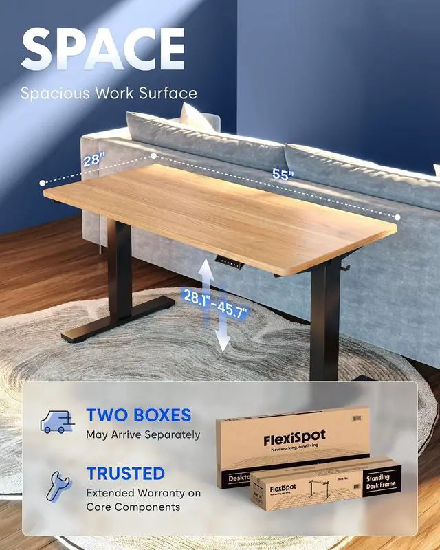 Alt view image 5 of 7 - EN1 One-Piece Standing Desk, Electric Adjustable with 4 Memory Presets, 176 LBS Capacity, Stable & Quiet, Seamless Desktop for Home Office & Dual Monitors, 55"x28" Maple