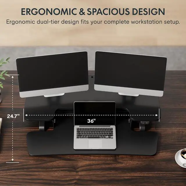 Alt view image 5 of 7 - 36" Electric Standing Desk Converter, Motorized Sit to Stand Desk Riser, Height Adjustable Desktop Dual Monitor Workstation with Large Keyboard Tray, Black