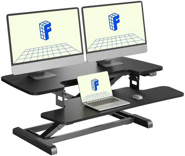 Main image of 36" Electric Standing Desk Converter, Motorized Sit to Stand Desk Riser, Height Adjustable Desktop Dual Monitor Workstation with Large Keyboard Tray, Black