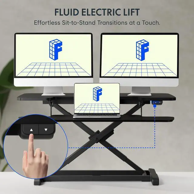 Alt view image 3 of 7 - 36" Electric Standing Desk Converter, Motorized Sit to Stand Desk Riser, Height Adjustable Desktop Dual Monitor Workstation with Large Keyboard Tray, Black