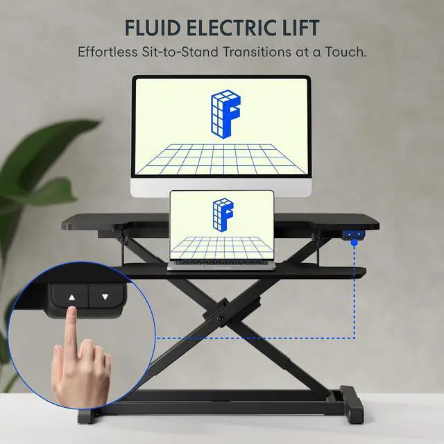 Alt view image 3 of 7 - 32" Electric Standing Desk Converter, Motorized Sit to Stand Desk Riser, Height Adjustable Desktop Monitor and Laptop Workstation with Wide Keyboard Tray, Black
