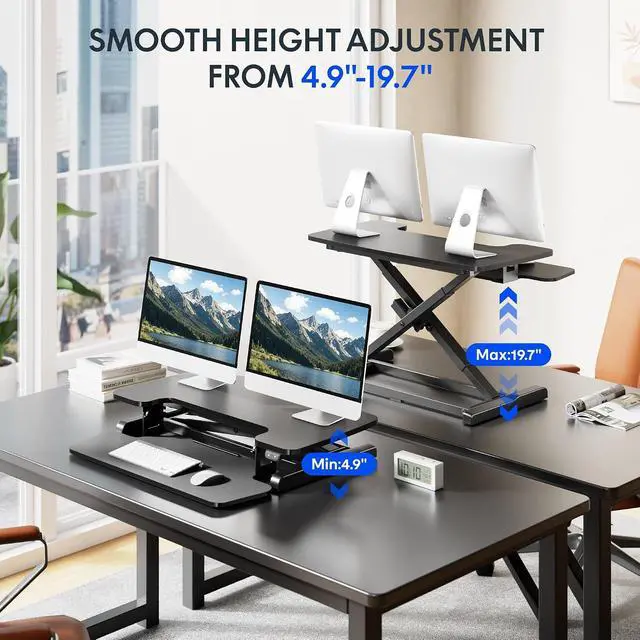 Alt view image 4 of 7 - 32" Electric Standing Desk Converter, Motorized Sit to Stand Desk Riser, Height Adjustable Desktop Monitor and Laptop Workstation with Wide Keyboard Tray, Black