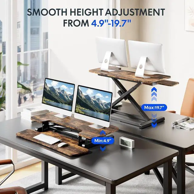 Alt view image 4 of 7 - 36" Electric Standing Desk Converter, Motorized Sit to Stand Desk Riser, Height Adjustable Desktop Dual Monitor Workstation with Large Keyboard Tray, Rustic Color