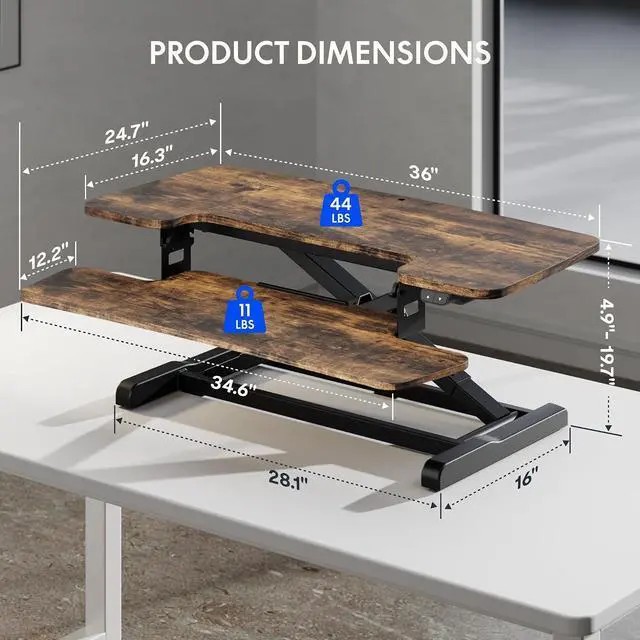 Alt view image 2 of 7 - 36" Electric Standing Desk Converter, Motorized Sit to Stand Desk Riser, Height Adjustable Desktop Dual Monitor Workstation with Large Keyboard Tray, Rustic Color