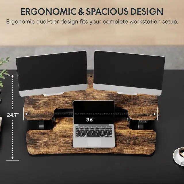Alt view image 5 of 7 - 36" Electric Standing Desk Converter, Motorized Sit to Stand Desk Riser, Height Adjustable Desktop Dual Monitor Workstation with Large Keyboard Tray, Rustic Color