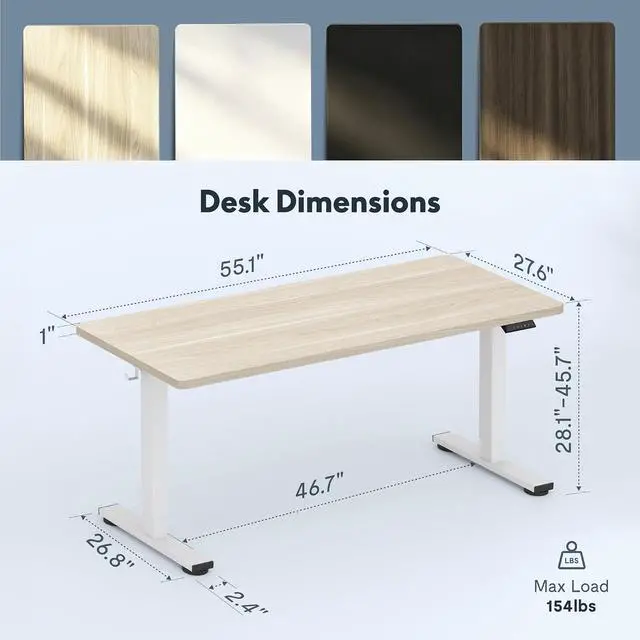 Alt view image 2 of 7 - 55"x28" Electric Standing Desk, White Wood Grain