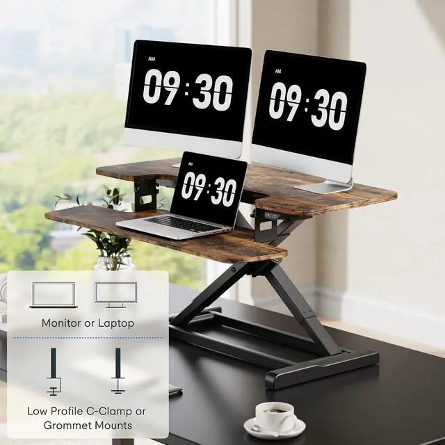 Alt view image 7 of 7 - 36" Electric Standing Desk Converter, Motorized Sit to Stand Desk Riser, Height Adjustable Desktop Dual Monitor Workstation with Large Keyboard Tray, Rustic Color