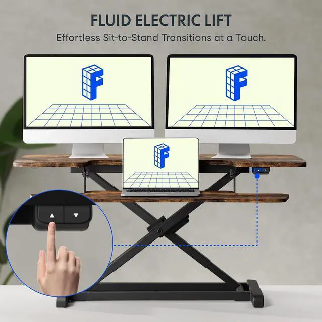 Alt view image 4 of 7 - 40" Electric Standing Desk Converter, Motorized Sit to Stand Desk Riser, Height Adjustable Desktop Dual Monitor Workstation with Large Keyboard Tray, Rustic Color