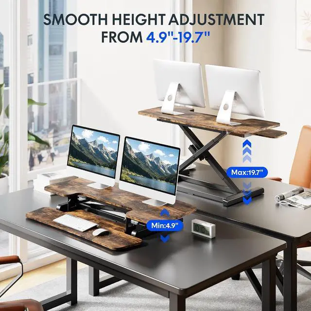 Alt view image 3 of 7 - 40" Electric Standing Desk Converter, Motorized Sit to Stand Desk Riser, Height Adjustable Desktop Dual Monitor Workstation with Large Keyboard Tray, Rustic Color