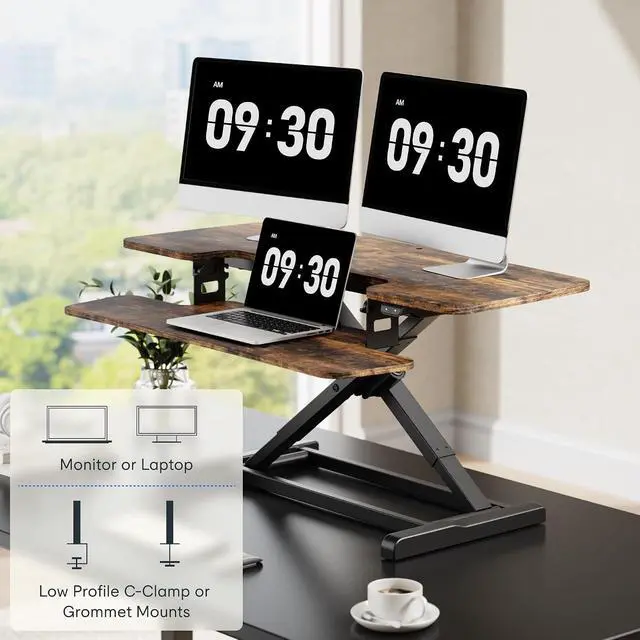 Alt view image 7 of 7 - 40" Electric Standing Desk Converter, Motorized Sit to Stand Desk Riser, Height Adjustable Desktop Dual Monitor Workstation with Large Keyboard Tray, Rustic Color