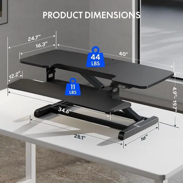 Alt view image 2 of 7 - 40" Electric Standing Desk Converter, Motorized Sit to Stand Desk Riser, Height Adjustable Desktop Dual Monitor Workstation with Large Keyboard Tray, Black