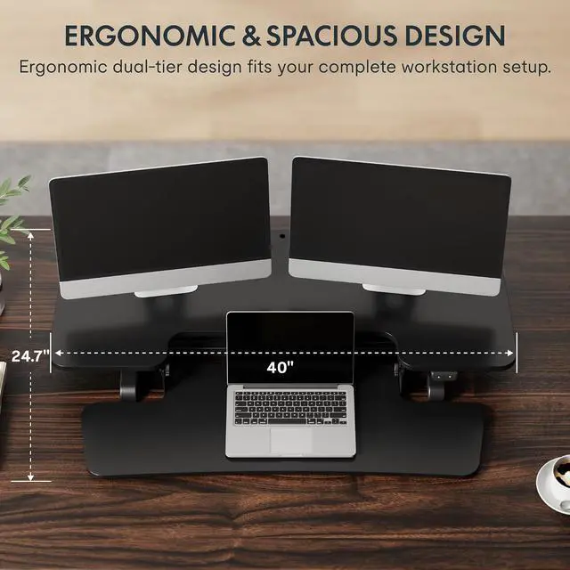 Alt view image 5 of 7 - 40" Electric Standing Desk Converter, Motorized Sit to Stand Desk Riser, Height Adjustable Desktop Dual Monitor Workstation with Large Keyboard Tray, Black