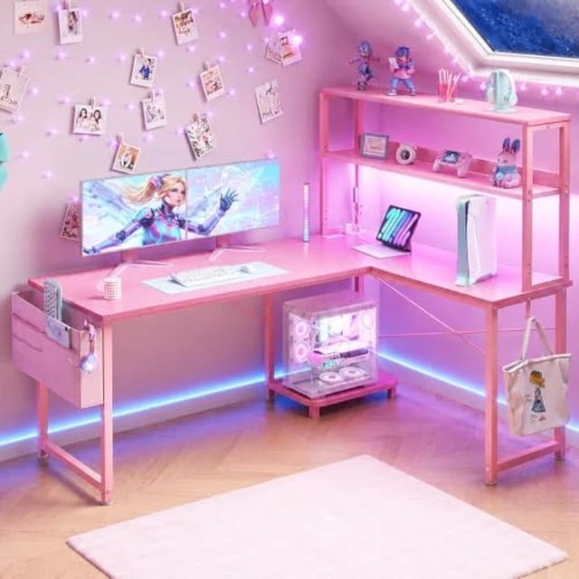 Alt view image 2 of 2 - ODK 53" L Shaped Gaming Desk with Shelves, LED & Outlets, Pink