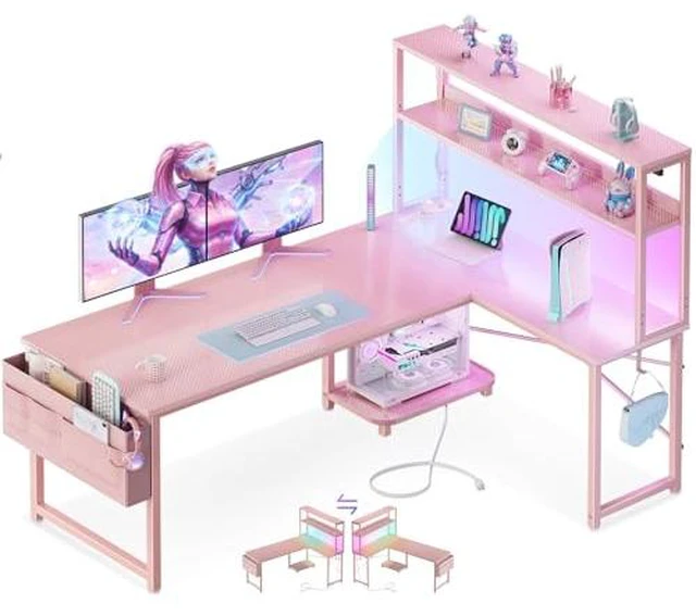 Main image of ODK 53" L Shaped Gaming Desk with Shelves, LED & Outlets, Pink