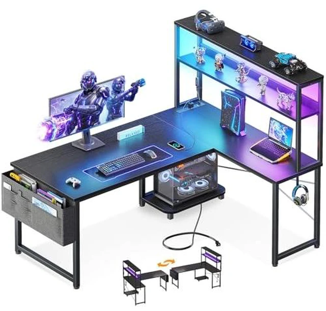 Main image of ODK 43" L Shaped Gaming Desk with Shelves, LED & Outlets, Black