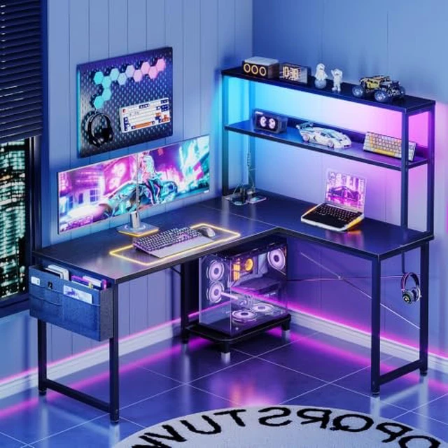 Alt view image 2 of 2 - ODK 43" L Shaped Gaming Desk with Shelves, LED & Outlets, Black