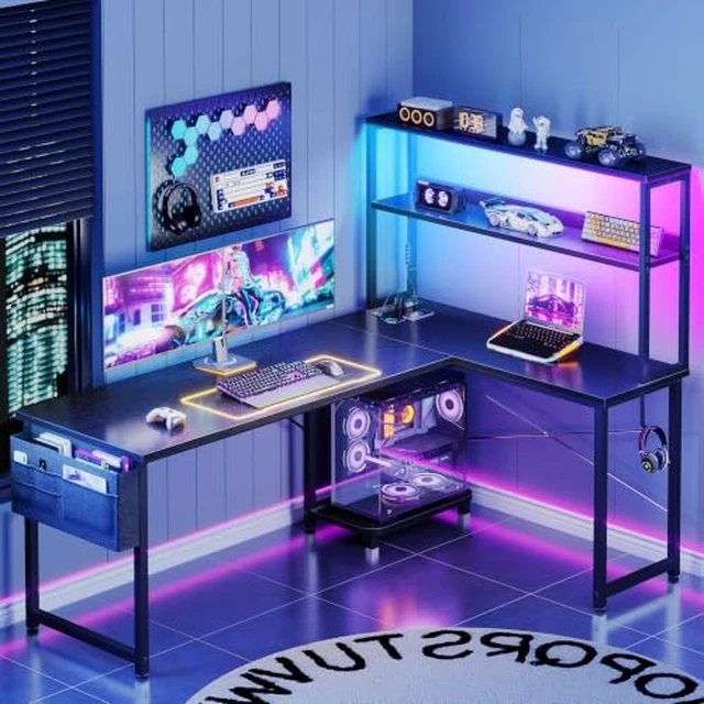 Alt view image 2 of 2 - ODK 61" L Shaped Gaming Computer Desk with Shelves, LED & Outlets, Black