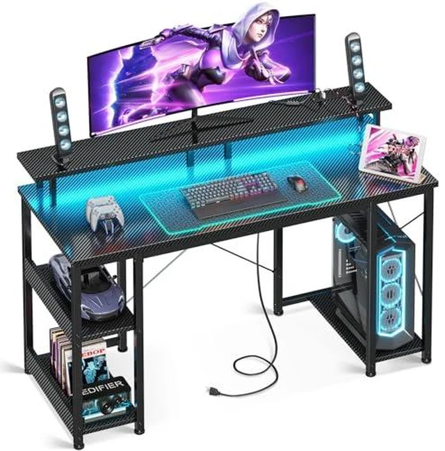 Main image of ODK 48 Inch Gaming Desk with LED Lights & Storage Shelves, Carbon Fiber