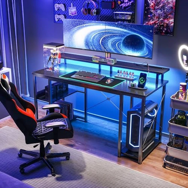 Alt view image 2 of 2 - ODK 48 Inch Gaming Desk with LED Lights & Storage Shelves, Carbon Fiber